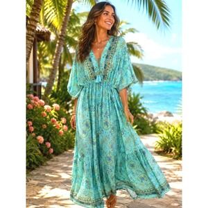 Zury Silk Blend Turquoise Paisley Floral Beach Boho Maxi Dress Kimono One Sz NWT